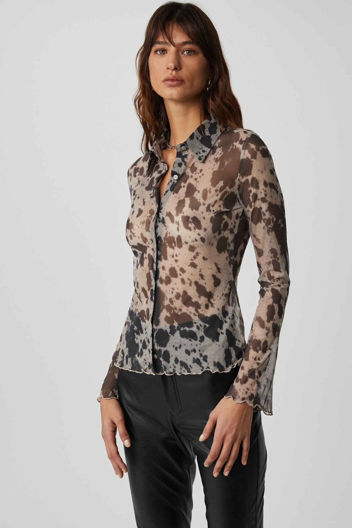 GRIMELANGE  Caıtlın Kadın Tül Kumaşlı Transparan Slim Fit Vücüdu Saran Siyah Desenli Gömlek - Görsel 4