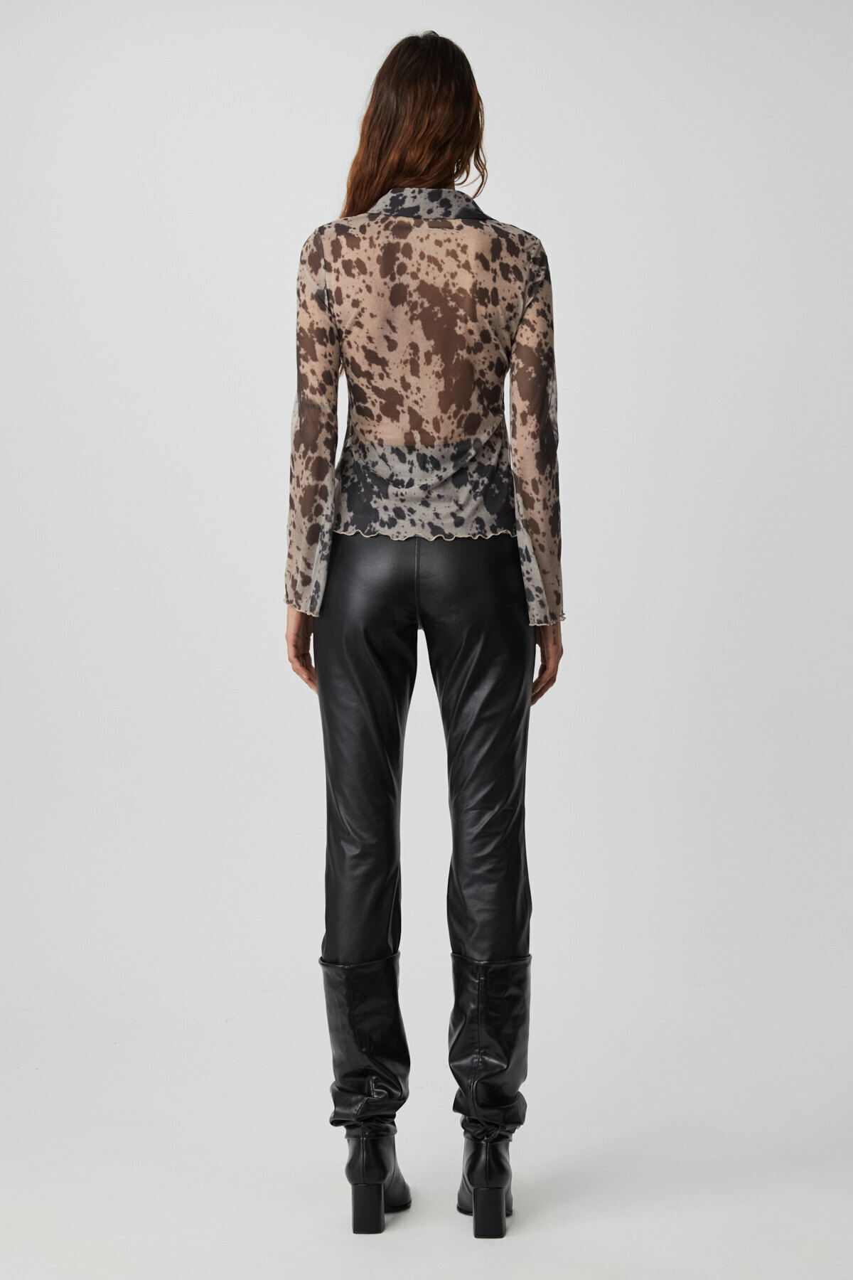 GRIMELANGE  Caıtlın Kadın Tül Kumaşlı Transparan Slim Fit Vücüdu Saran Siyah Desenli Gömlek - Görsel 6