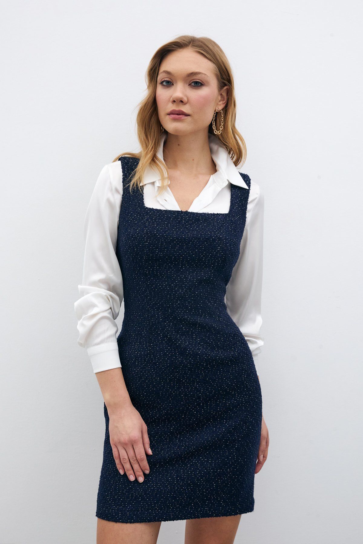 Sateen-Mini Tweed Dress - Navy Blue 3
