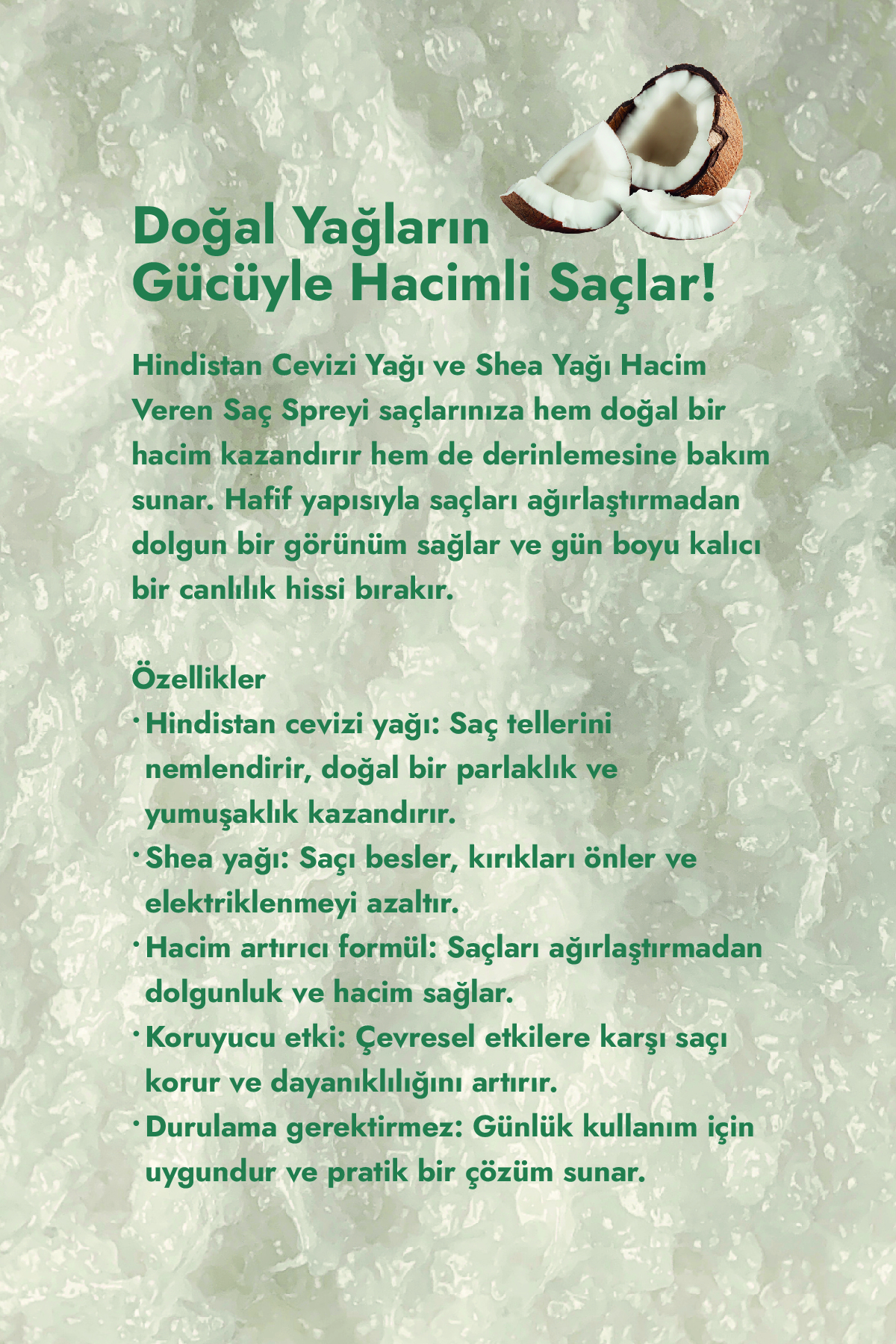 Hindistan Cevizi Yağı ve Shea Yağı Hacim Veren Saç Spreyi 150 ml — تصویر 2 از 2