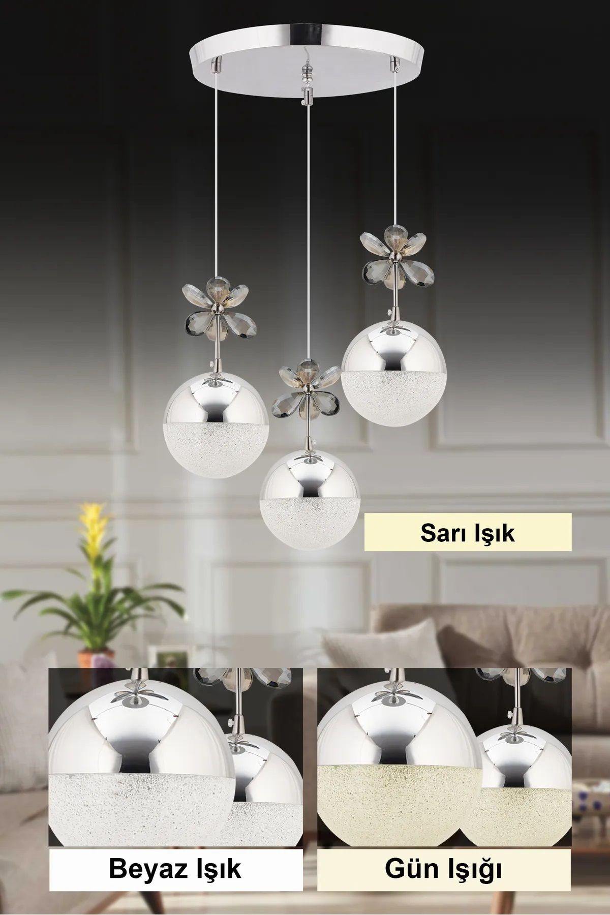 CRAFT HOME Kelebek 3'lü Gümüş Sarkıt 3 Renk Ledli Sarkıt Kristal Led Avize