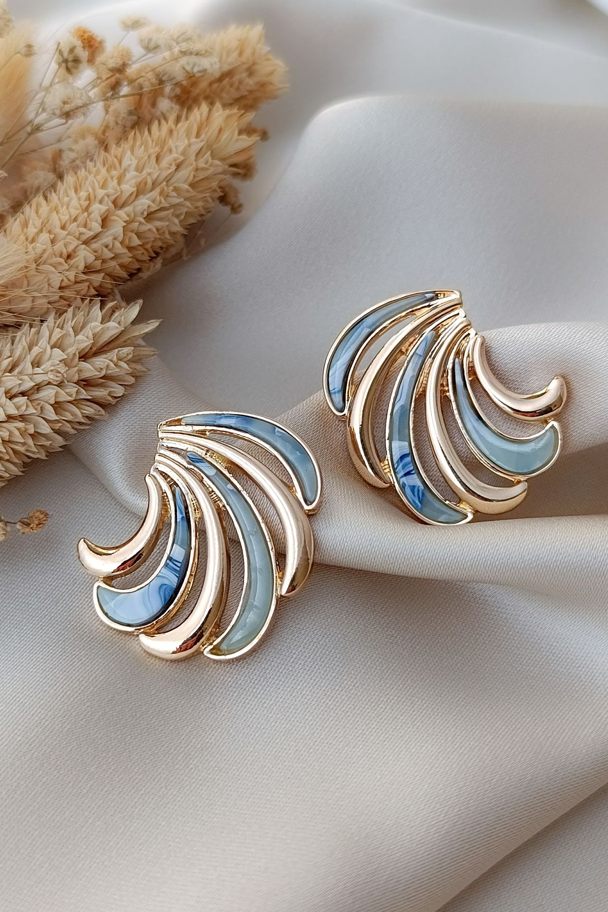 COSİTA-Blue Gold Waveform Stone Detail Modern Stylish Design Earrings 8