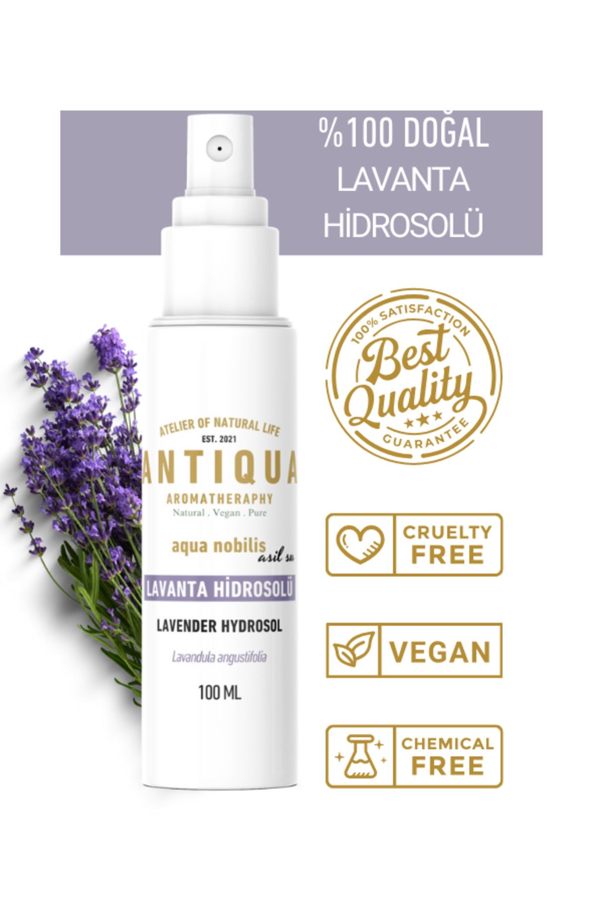 Antiqua Aromaterapi Lavanta Hidrosolü – %100 Saf ve Doğal Cilt ve Saç Bakım Suyu(100 ml)