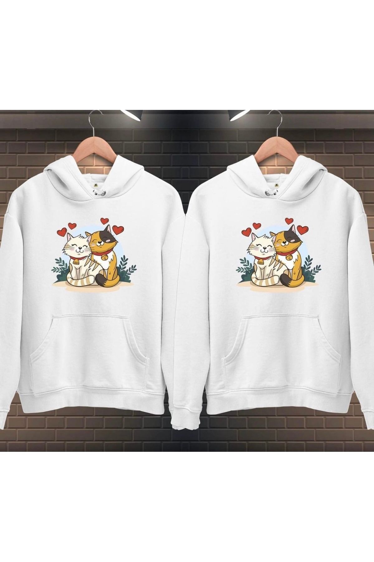 AMOR MAN BÜYÜK BEDEN ÖZEL TASARIM KAPÜŞONLU AŞIK KEDİLER BASKILI TREND SEVGİLİ KOMBİNİ SWEATSHIRT