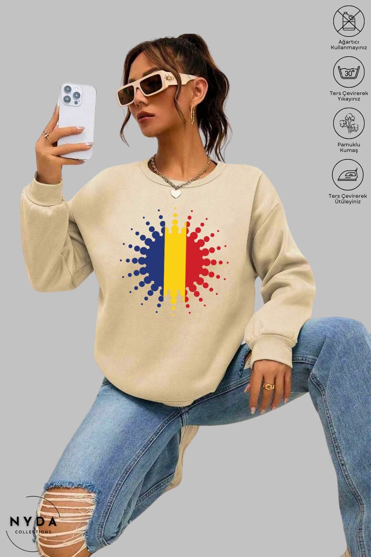 Nyda Collections Unisex Uzun Kollu Romania Baskılı Bisiklet Yaka Kapüşonsuz Şardonlu Oversize Sweatshirt