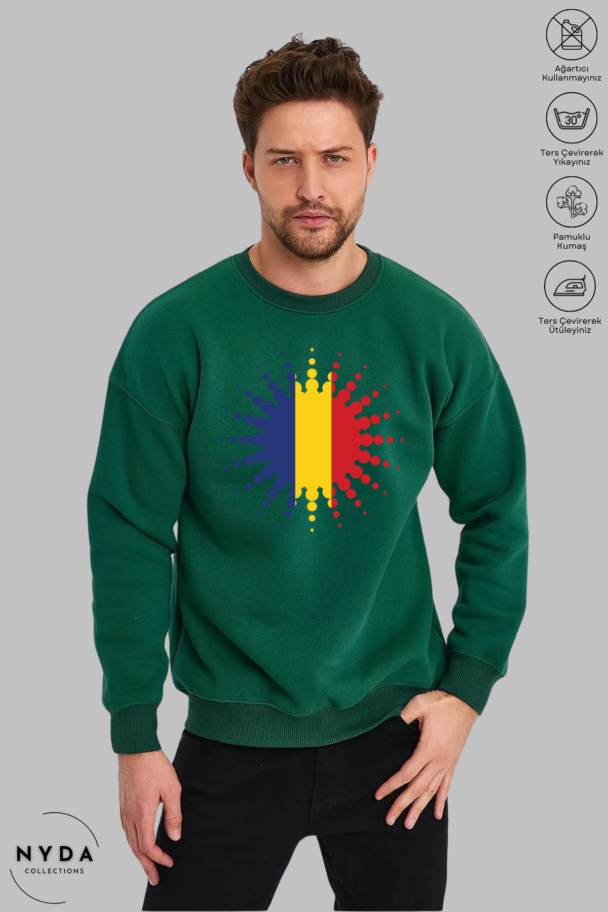 Nyda Collections Unisex Uzun Kollu Romania Baskılı Bisiklet Yaka Kapüşonsuz Şardonlu Oversize Sweatshirt