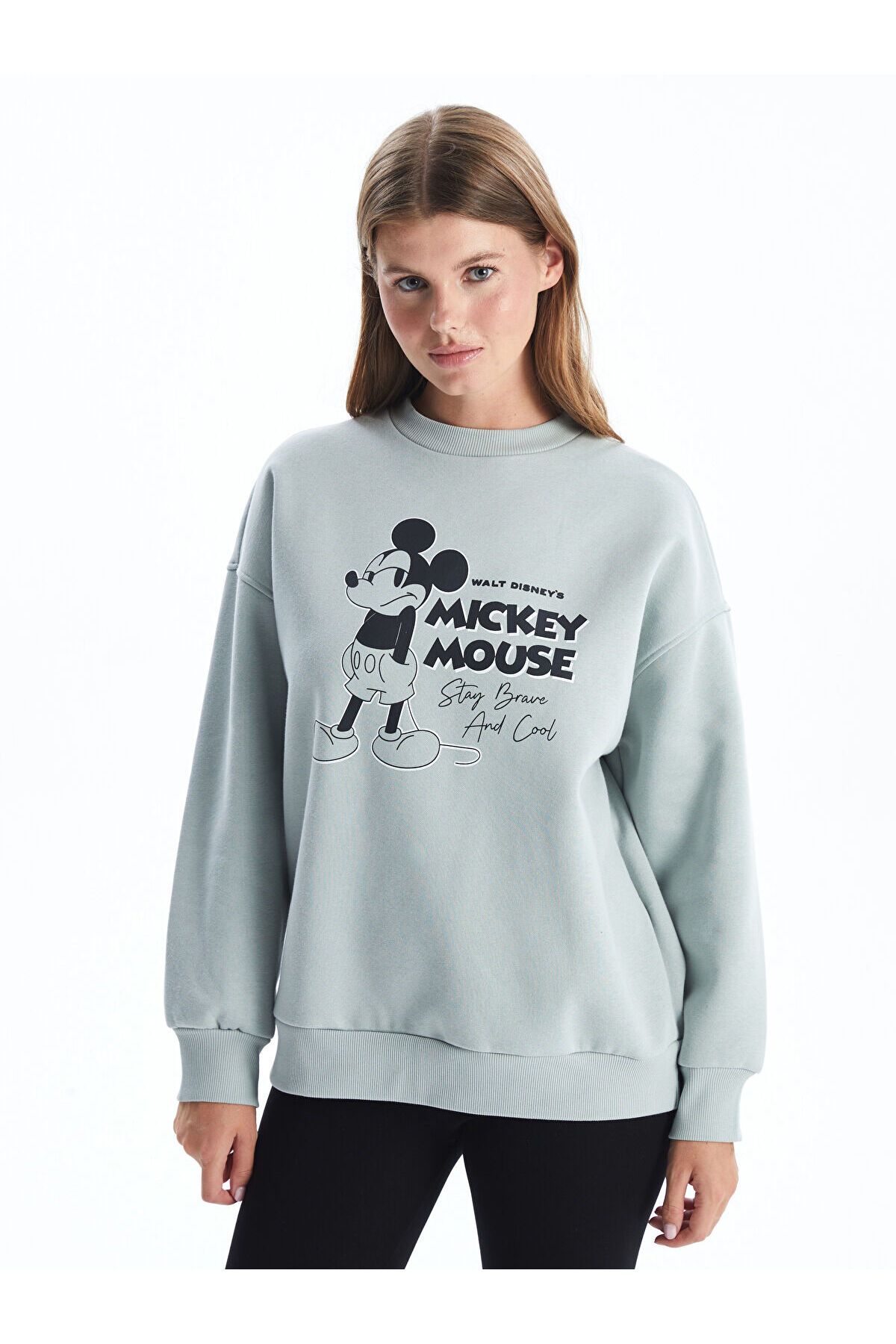 LC Waikiki Bisiklet Yaka Mickey Mouse Baskılı Oversize Kadın Kalın Sweatshirt