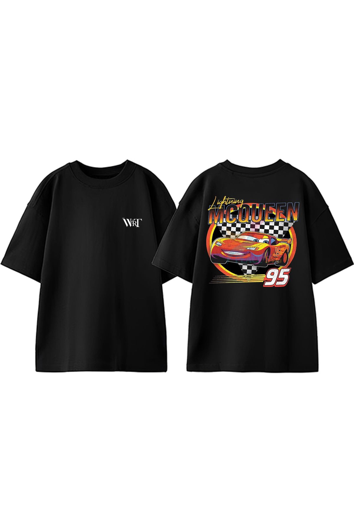 THEWERT Lightning Mcqueen Tasarım Sırt Baskılı Pamuk Siyah Oversize T-shirt