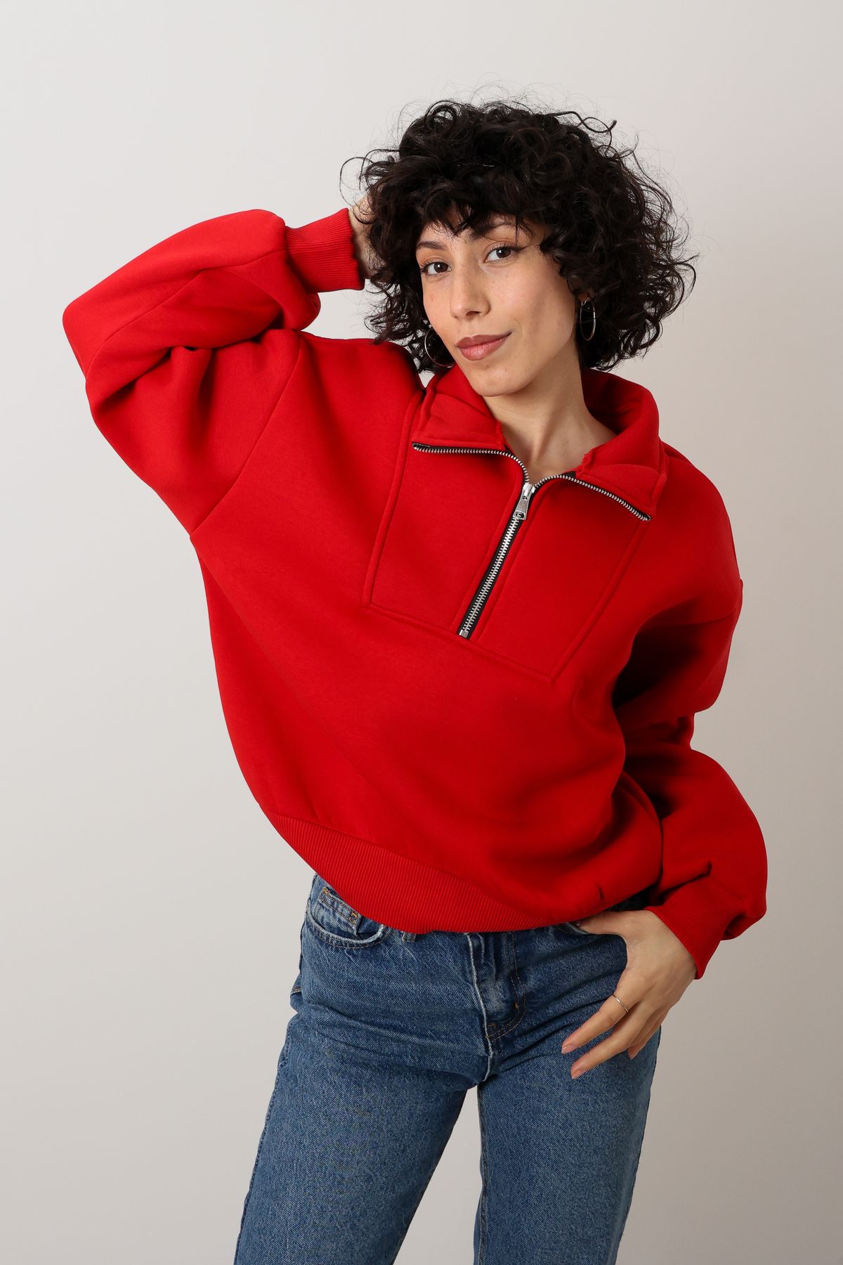 Butik Kadın Dik Yakalı Yarım fermuarlı Oversize Sweatshirt