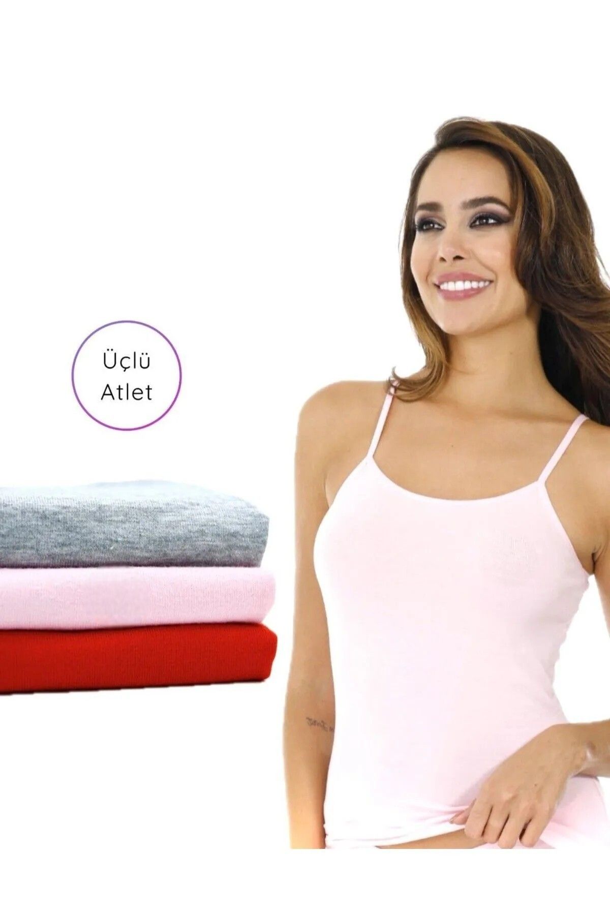 Gizli Butik 3'lü Kadın Pamuklu İp Askılı Likralı Atlet Kırmızı Pembe Gri