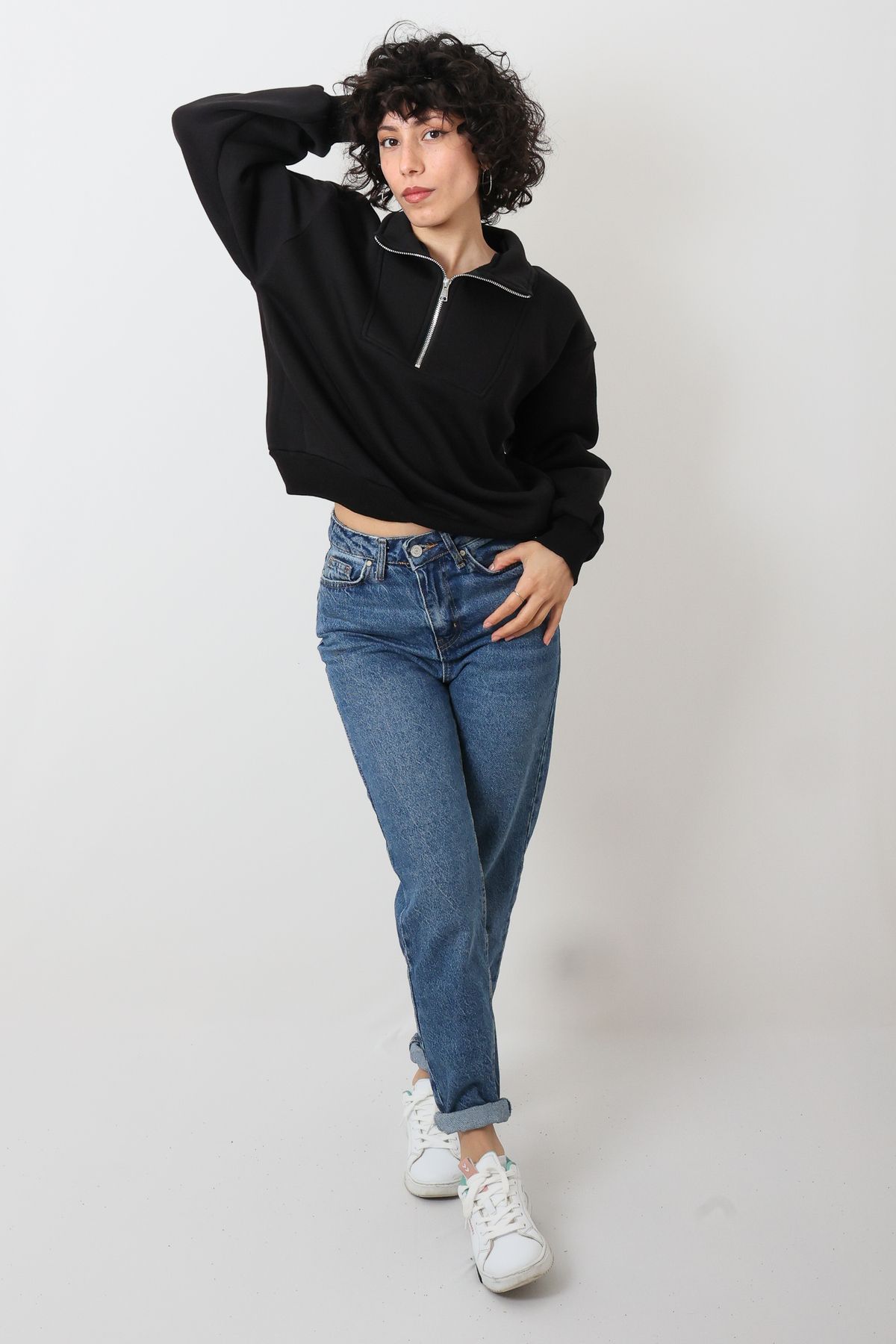 Butik Kadın Dik Yakalı Yarım fermuarlı Oversize Sweatshirt