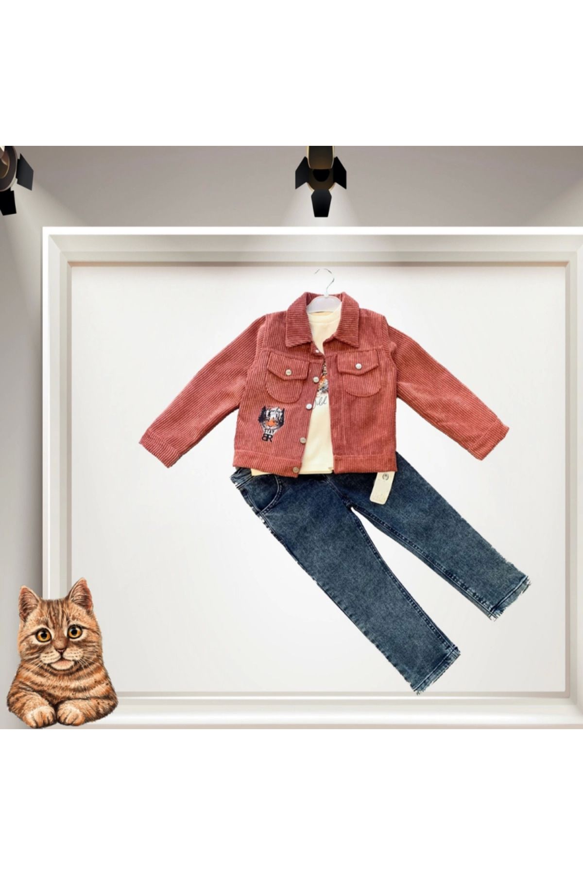 velmorafashion 3-4-5 Yaş Fitilli Kadife Ceket Kot Pantolonlu 3lü Kız Erkek Çocuk Takımı Gül Kurusu