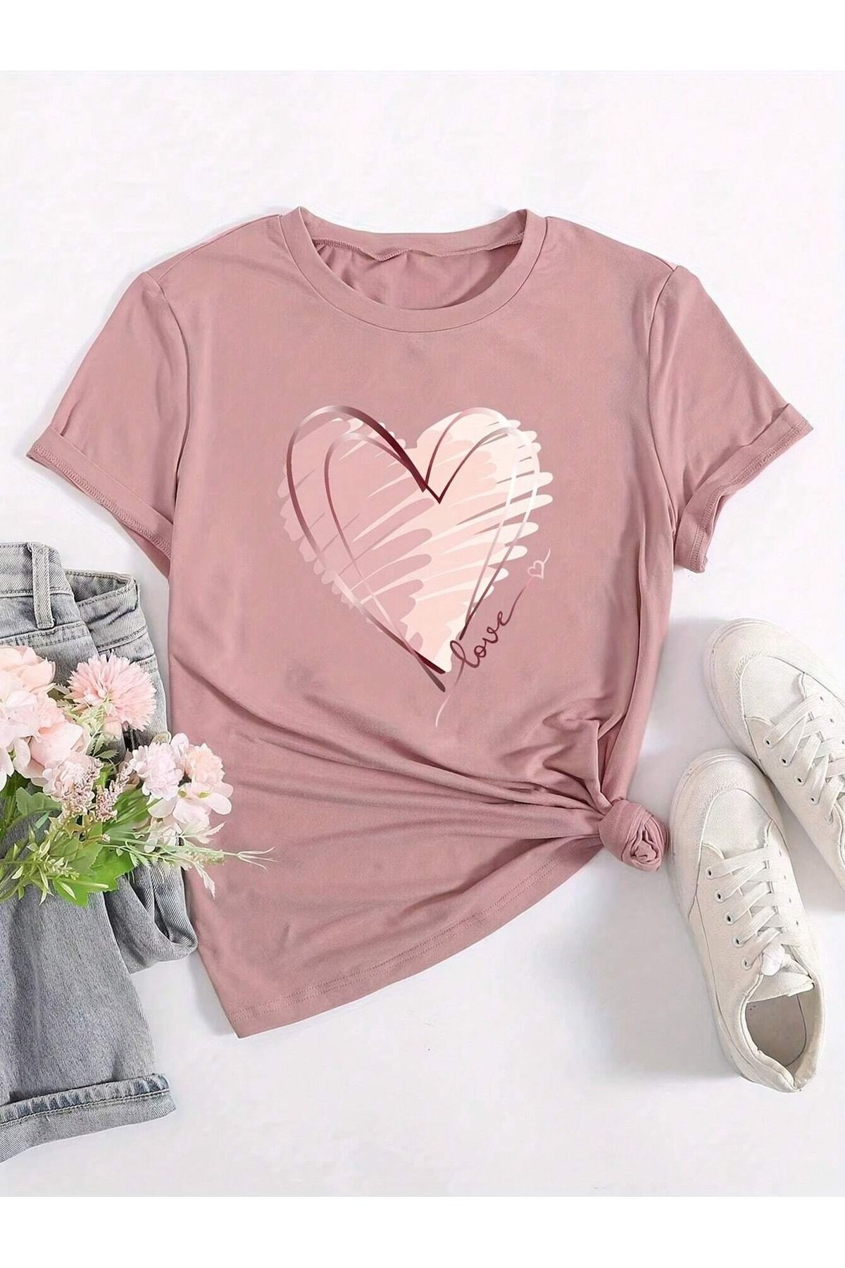 PALPİTO Kadın Pembe Love Kalp Baskılı Oversize T-Shirt