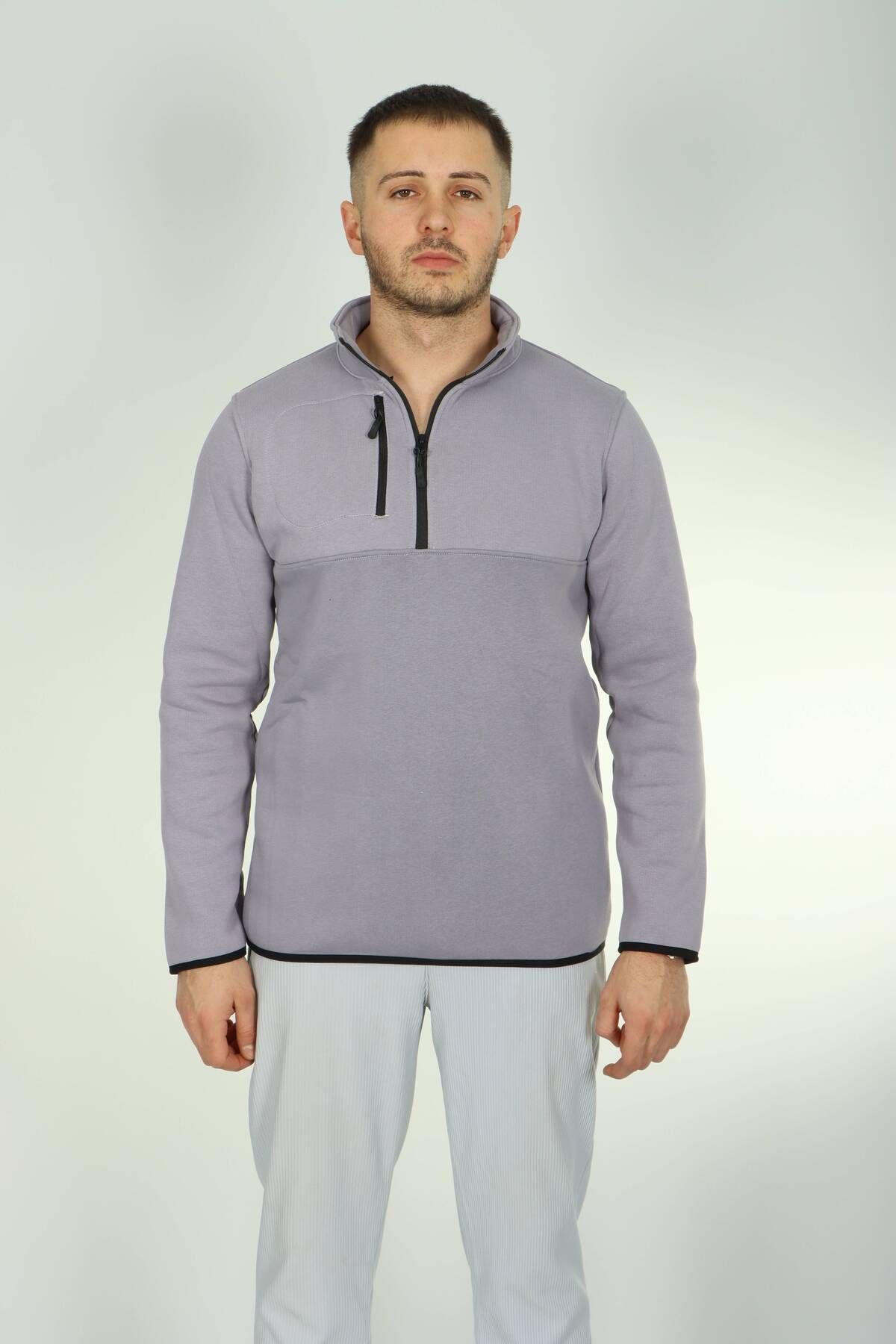 eg38 3 İp Cepli Yarım Fermuar Sweat Gri