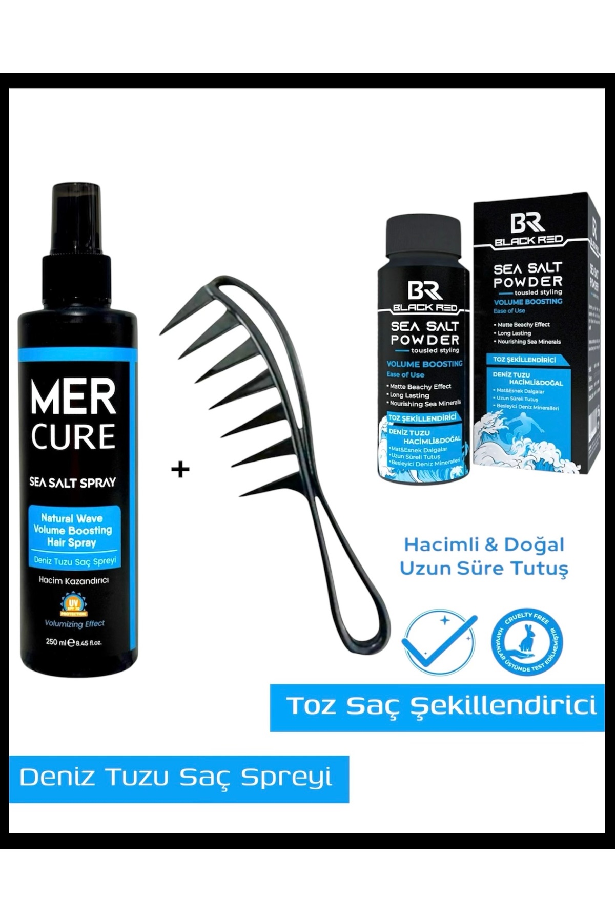 Mercure Saç Deniz Tuzu Spreyi-Sea Salt Spray Orta Tutuşlu Hacimlendirir Anti Uv+Sea Salt Toz Wax+Wax Tarağı — HM777