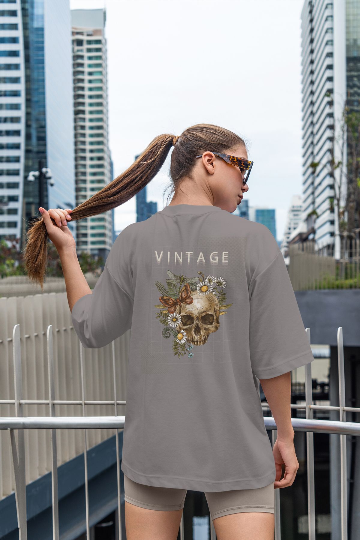 cc collection Vintage Baskılı Oversize Kadın T-Shirt