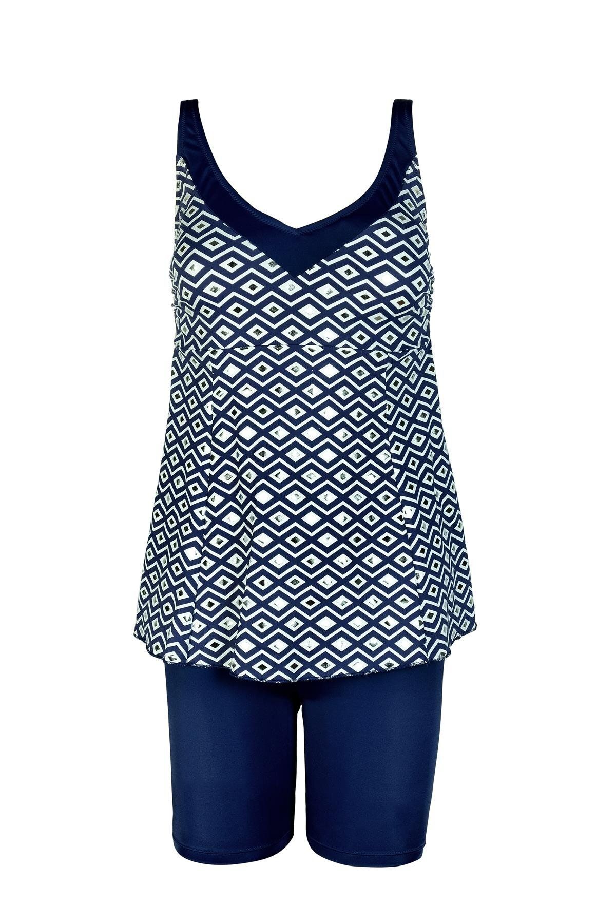 Endeep-Women's Navy Blue Geometric Patterned Tankini Set 1