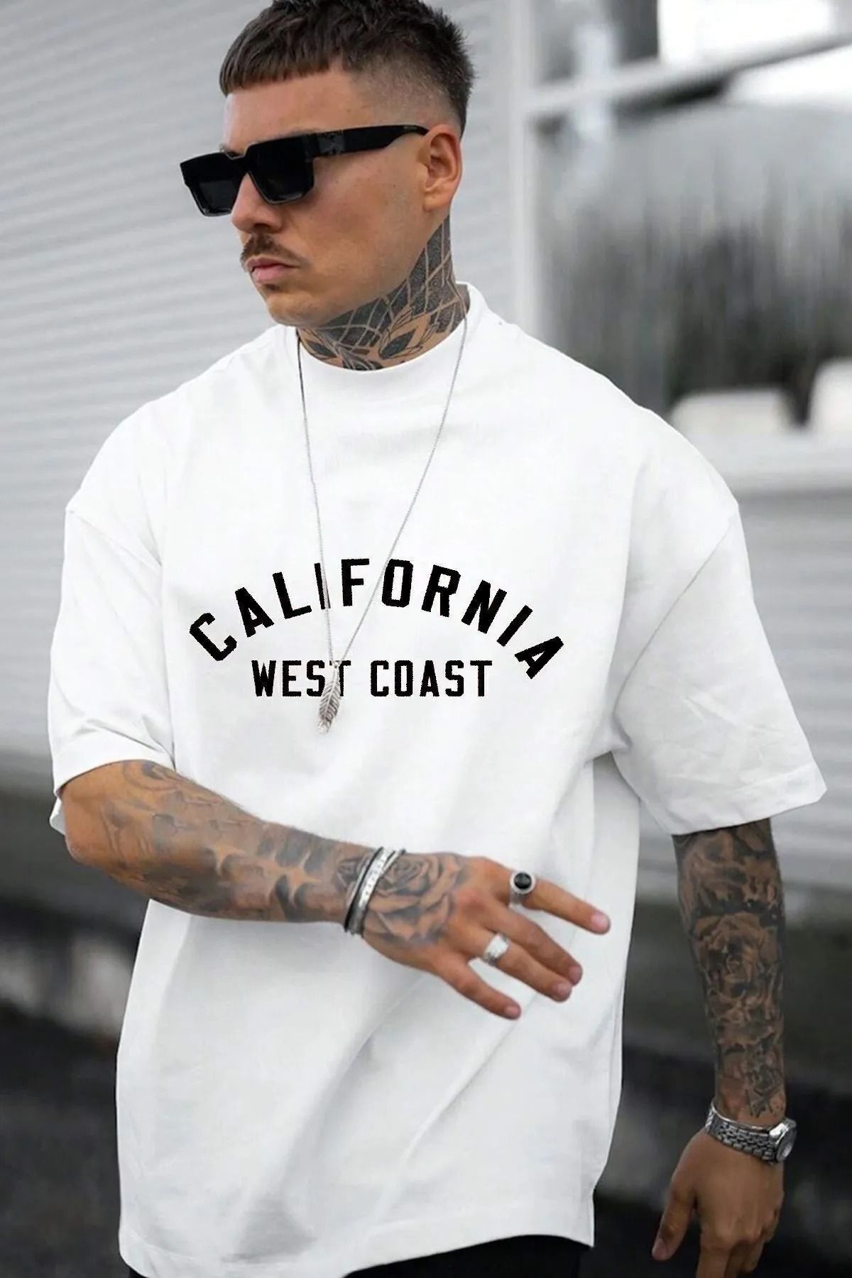 NO 601 Erkek Beyaz California West Coast Baskılı Oversize Tshirt