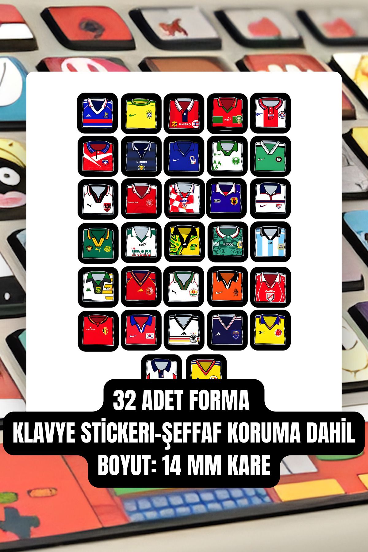 Lemur'ful 32  Adet Formalar Klavye Tuşu Stickerı, Klavye Tuşu Çıkartması, Şeffaf Koruma Dahil, 14 mm