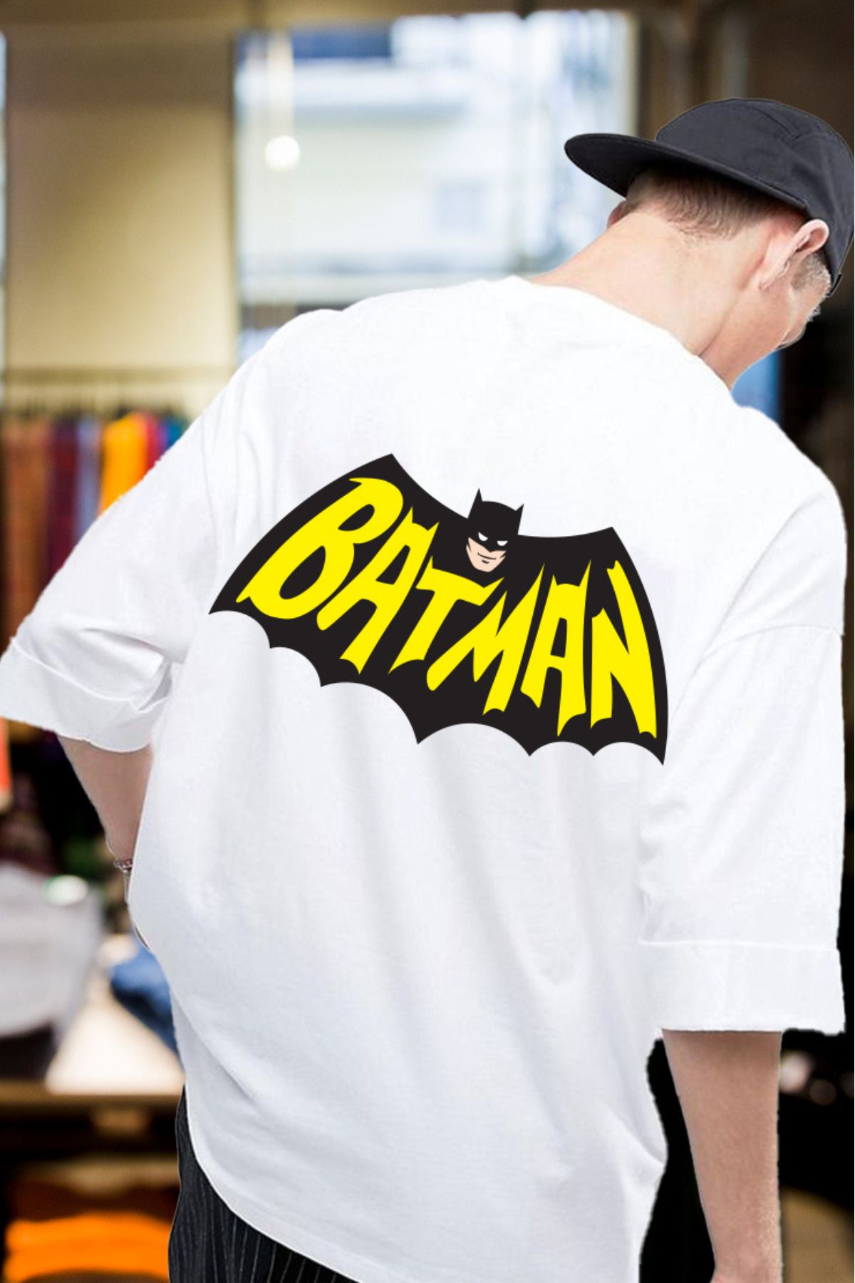 FECCY Pamuklu Batman Baskılı Oversize T-shirt