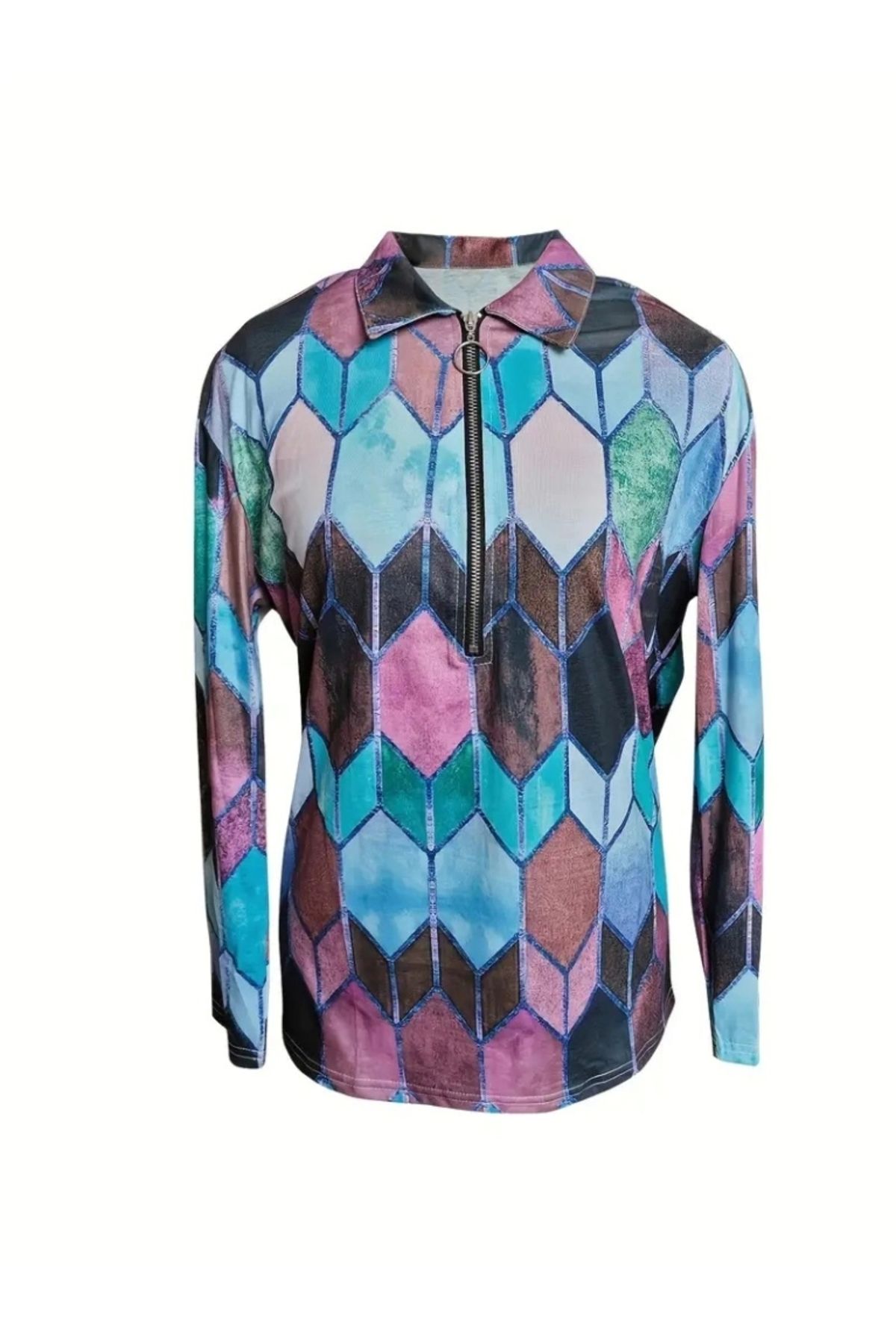 shurax-Women's Long Sleeve Shirt Collar Deciduous Zipper Honeycomb Pattern Digital Printing Micro Blouse 4
