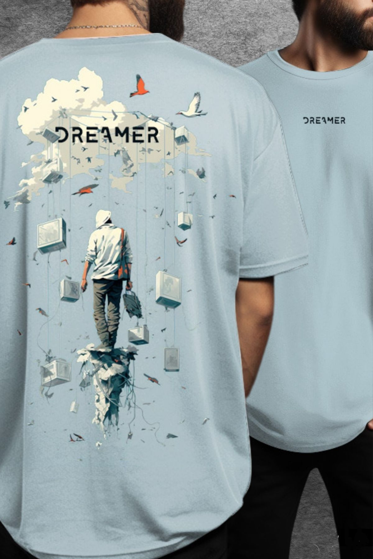 FECCY Pamuklu Dreamer Baskılı Bebek Mavisi Oversize T-shirt