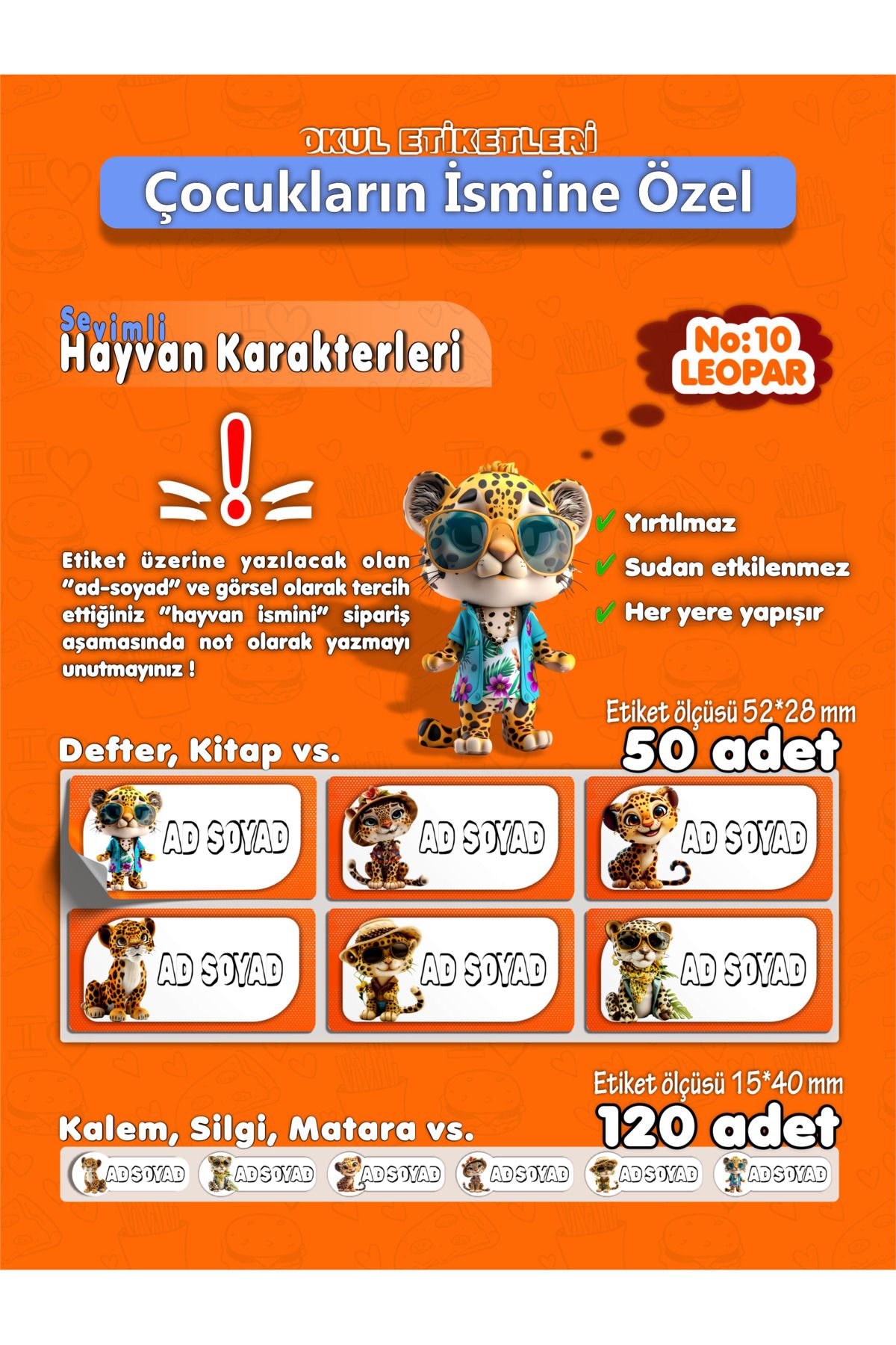 AGG Reklam İsme Özel Okul Etiket Seti (Sticker) No:2 Leopar Toplam 170 Adet