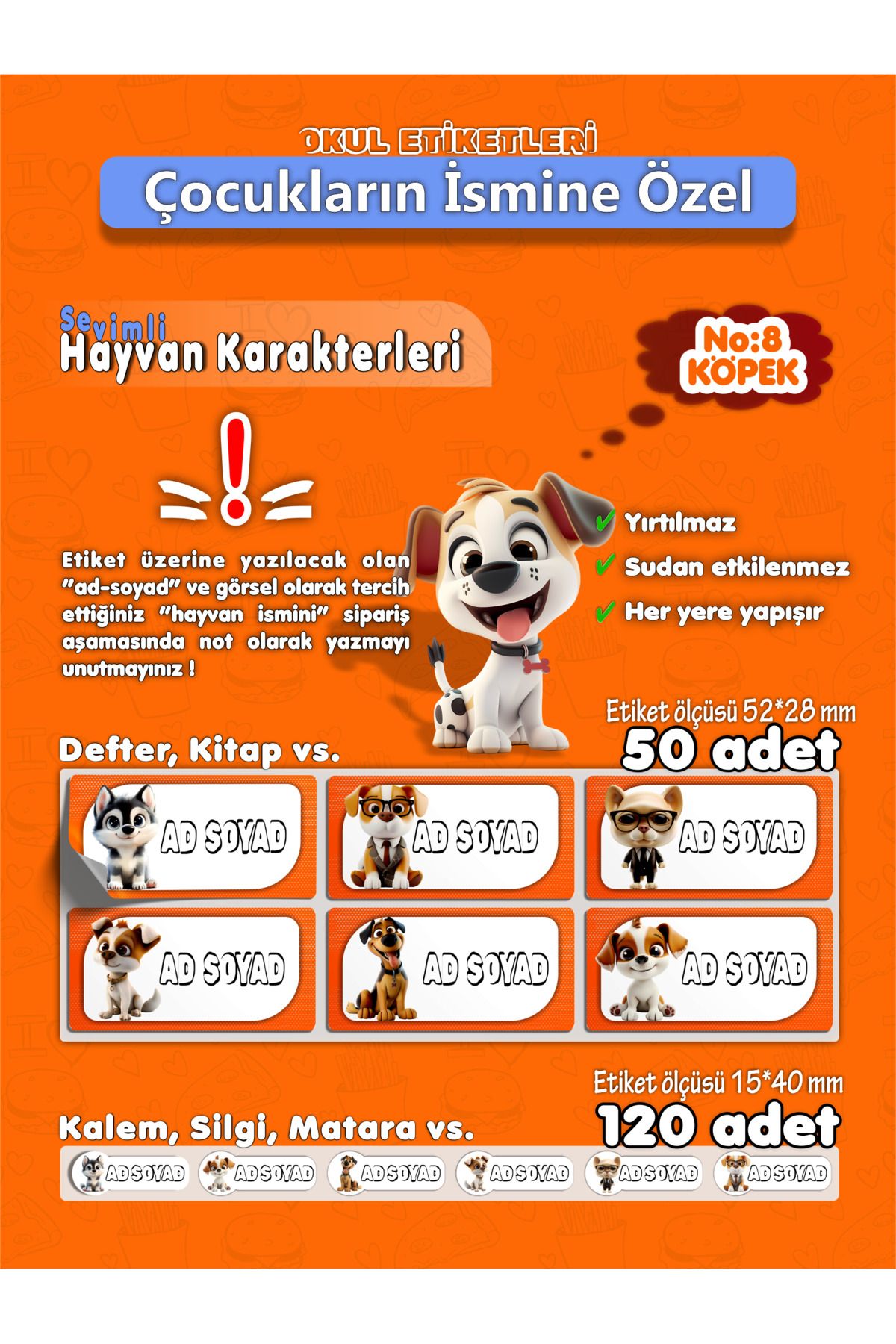 AGG Reklam İsme Özel Okul Etiket Seti (Sticker) No:2 Köpek Toplam 170 Adet