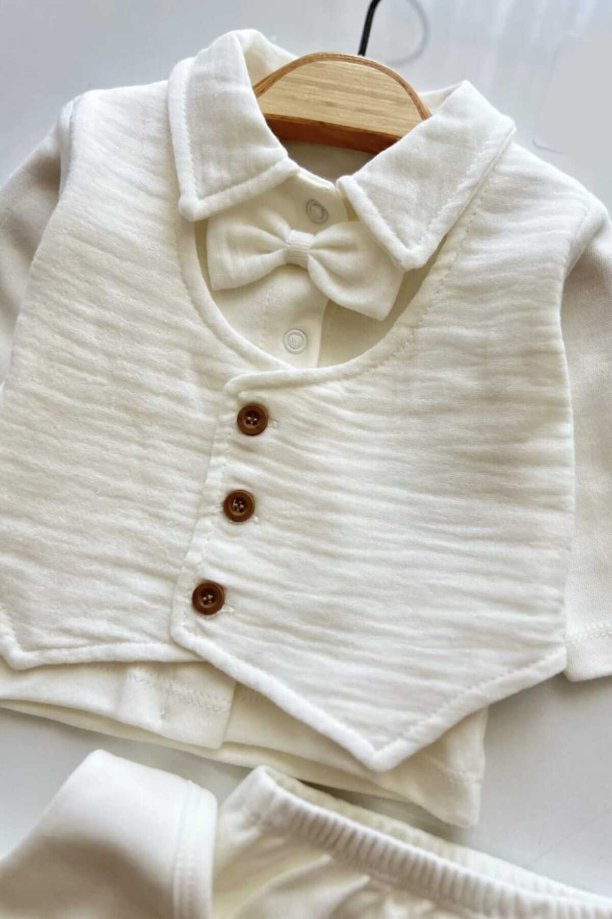 Mamman's %100 Pamuklu Müslin Yelekli 5'li Hastane Çıkış Seti Yenidoğan, Mevlütlük Erkek Bebek Takımı fotoğrafı 3 (önizleme)