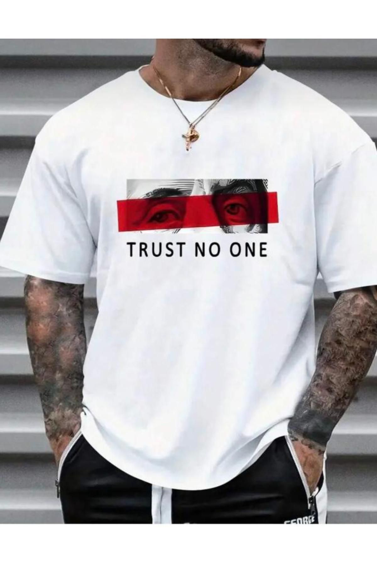 CAST COLLECTİON Erkek Beyaz Trust No One Baskılı Oversize Tshirt