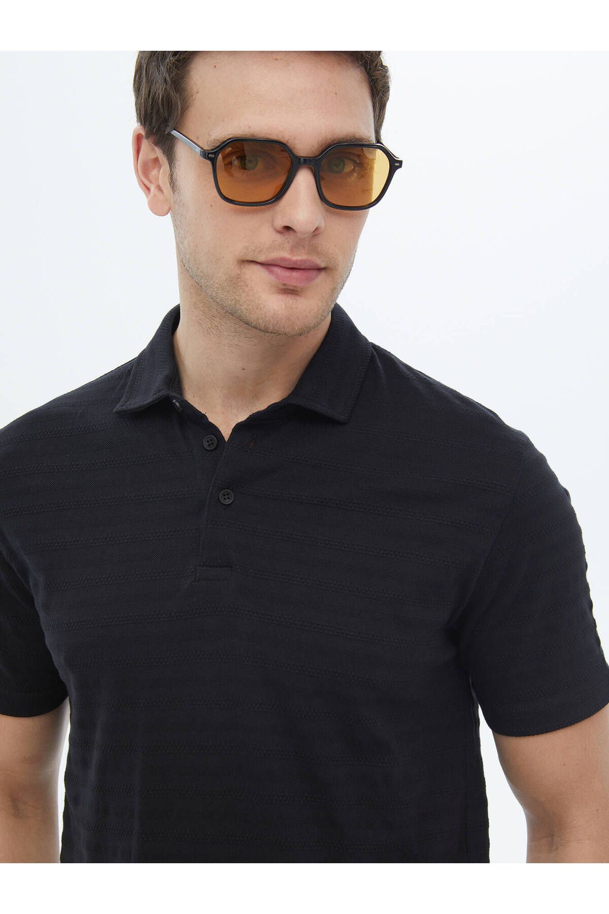 Kip-Polo Neck Black Jacquard 100% Cotton T-shirt 4