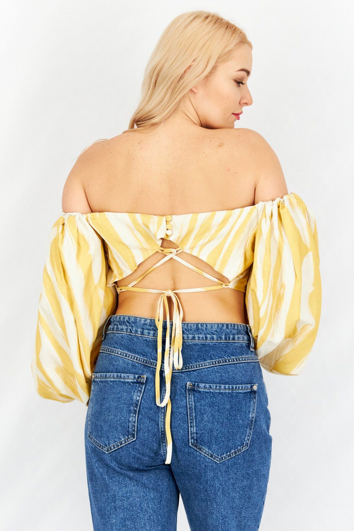 Asos Design-Women Off Shoulder Puff Sleeve Stripe Crop Top, Mustard 3