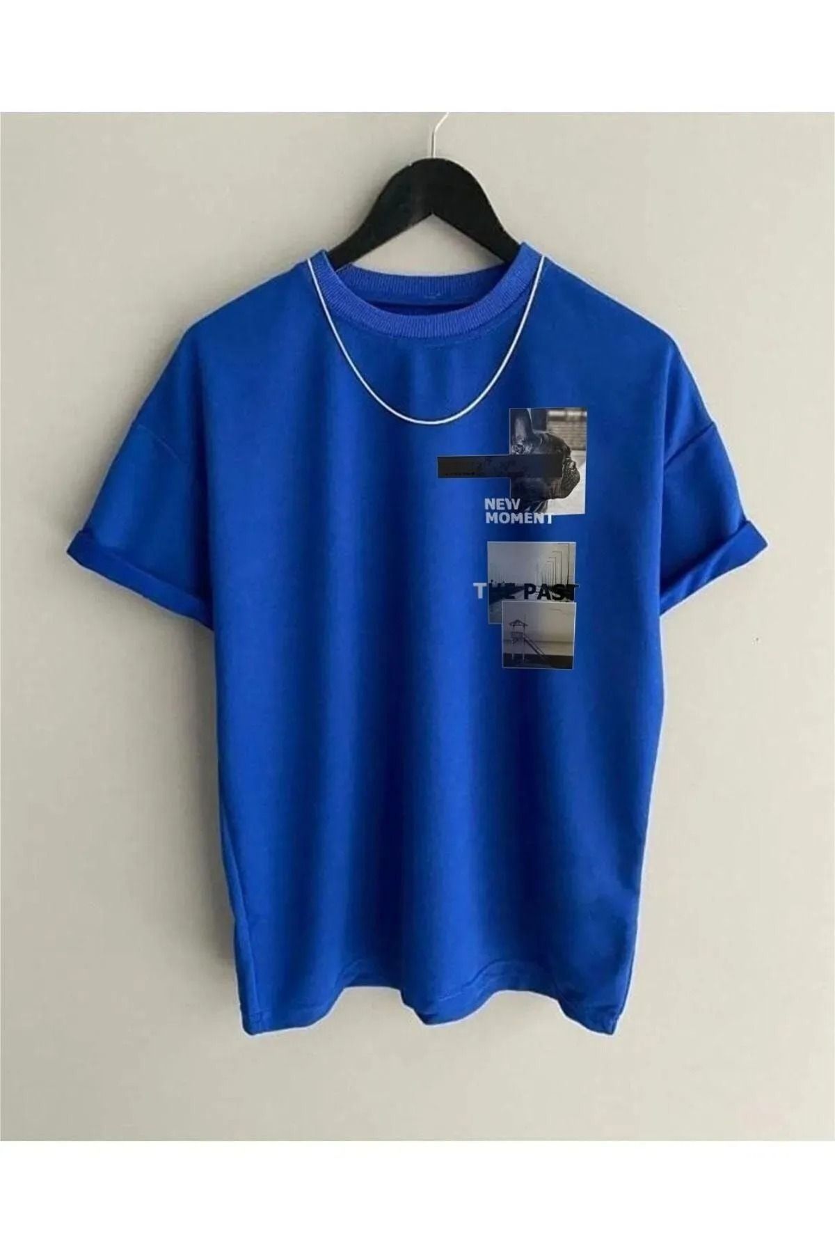 NO 601 Unisex Saks Mavi New Moment Baskılı Oversize Tshirt