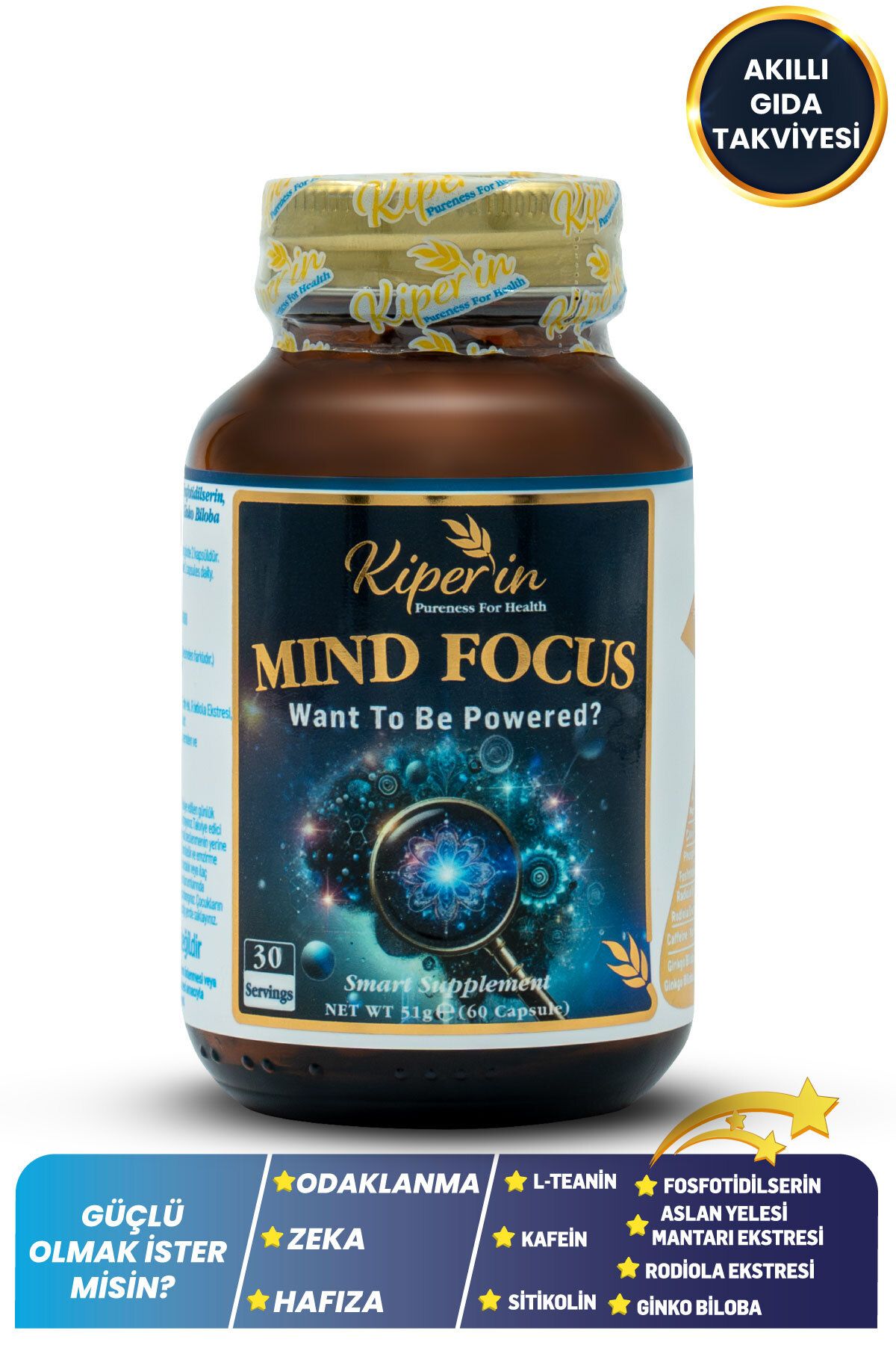 Kiperin Mind Focus Aslan Yelesi Mantarı, Sitikolin, Rhodiola, L-Theanin .. (1440mg) | Akıllı Gıda Takviyesi