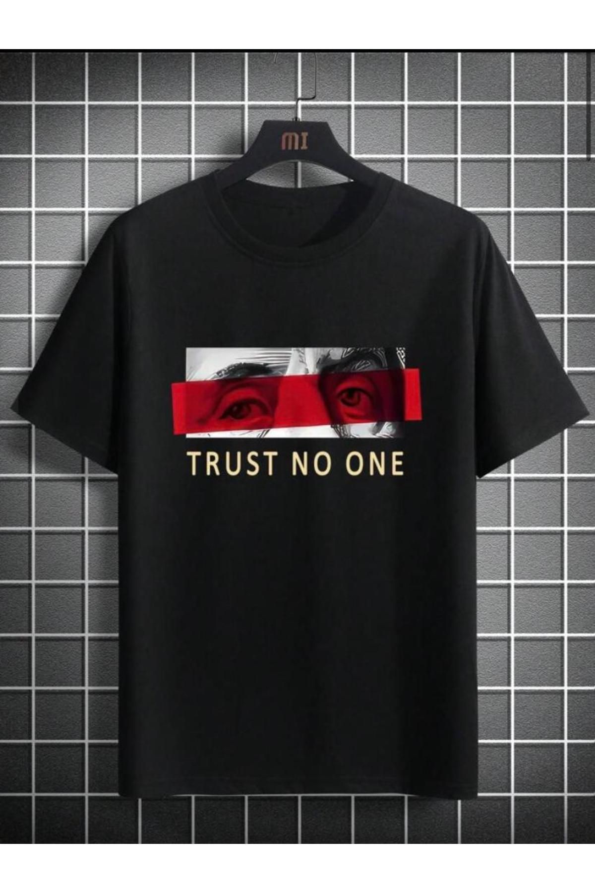 CAST COLLECTİON Erkek Siyah Trust No One Baskılı Oversize Tshirt