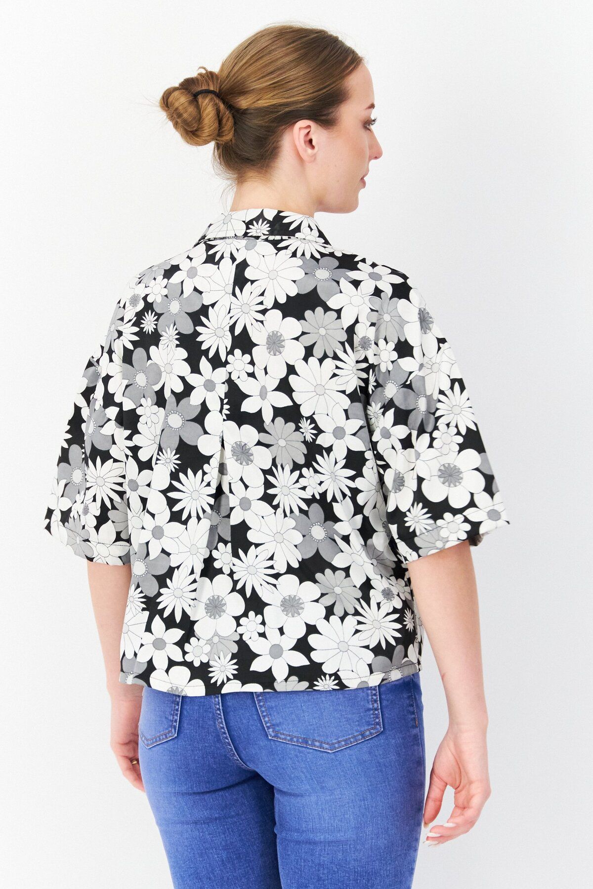 French Connection-Women Spread Collar Short Sleeve Floral Blouse, Black 2