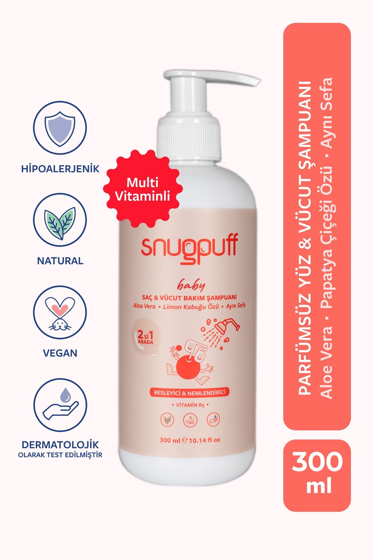 snugpuff Bitkisel 2’si 1 Vitaminli Bebek Saç & Vücut Bakım Şampuanı, Vegan, Besleyici Konak Önleyici 300ml