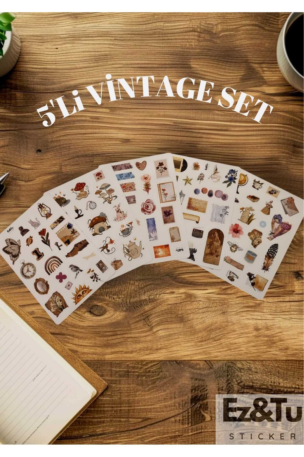 Ez&Tu Stıcker 5'li Vintage Sticker Planner Ajanda Bullet Journal Için Uygun Set 93 Adet Stıcker Etiket