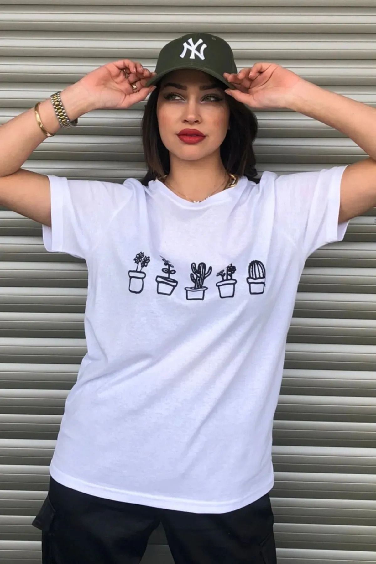 FECCY Pamuklu Kaktüs Baskılı Siyah Kadın Oversize T-shirt