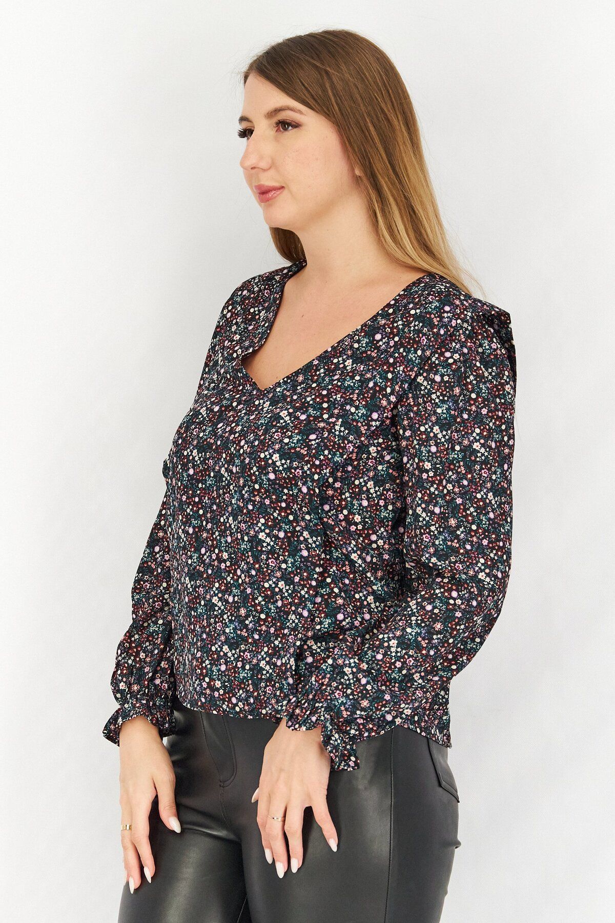 Naf Naf-Women V Neck Long Sleeve Floral Print Tops, Black Combo 3