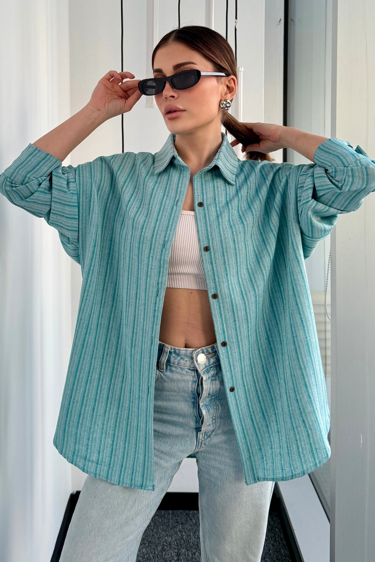 NUDEQUEEN Oversize Keten Dokulu %100 Pamuk Çizgili Salaş Gömlek KGT