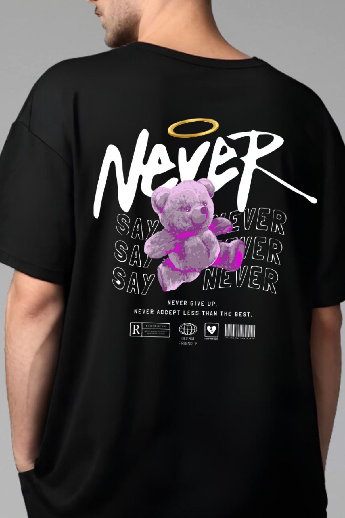 FECCY Pamuklu Never Say Never Baskılı Oversize T-shirt