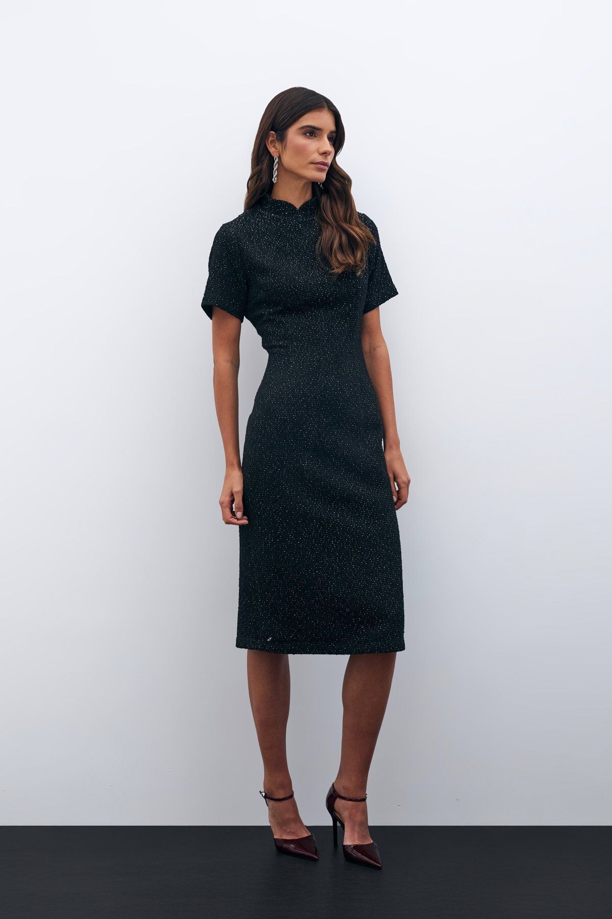 Sateen-Stand Collar Tweed Dress - Black 3