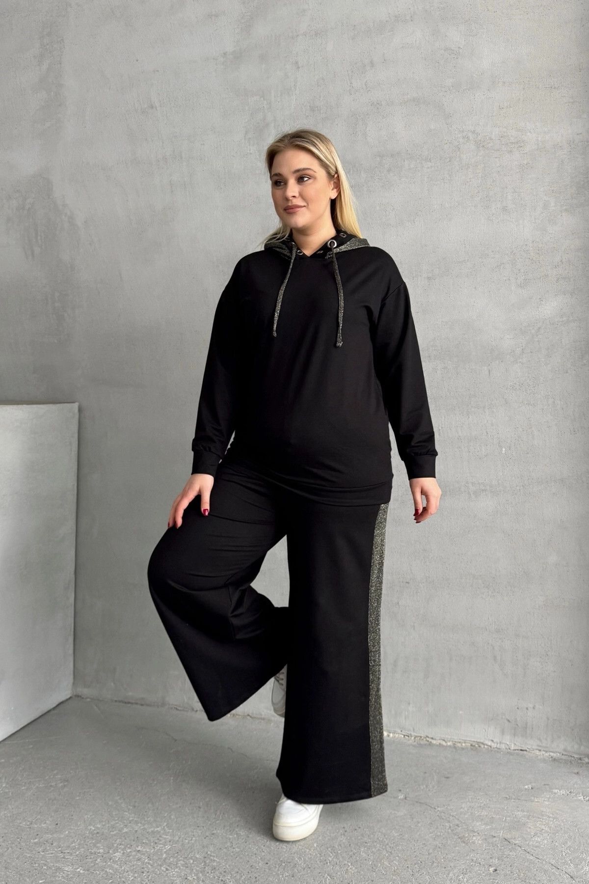 Stil Diva-Plus Size Wide Leg Sides Patterned Pocketless Sweatpants 106-74 5