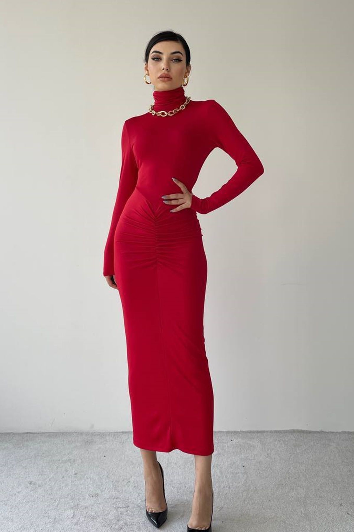 WOMAN VISION-Women's Stretchy Red Sandy Fabric Turtleneck Drawstring Design Midi Evening Dress 315 4