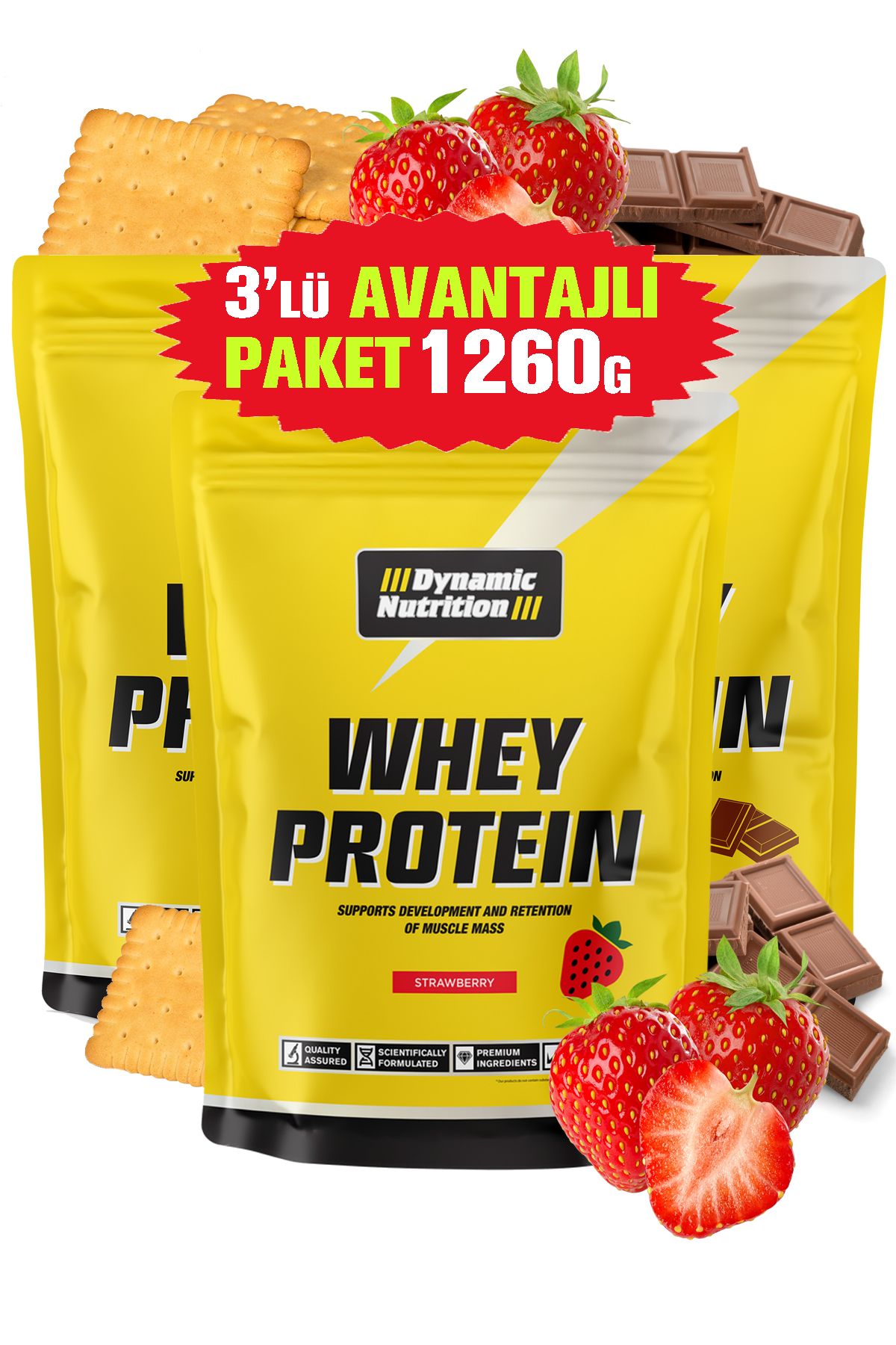 Dynamic Nutrition Whey Protein Tozu - 420Gx3 Adet=1260G Bisküvi+Çikolata+Çilek - 42 Servis - 24 G Yüksek Proteinli