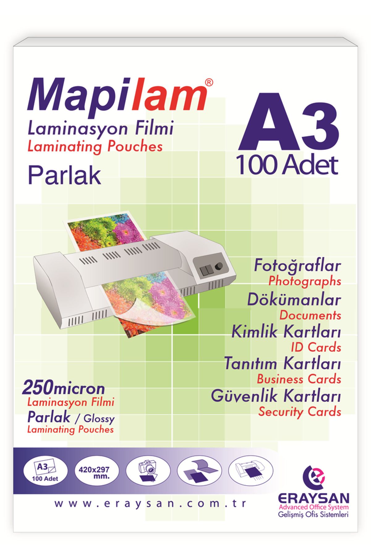 MAPİLAM 250 MİCRON PARLAK LAMİNASYON FİLMİ (A3) 100 LÜ