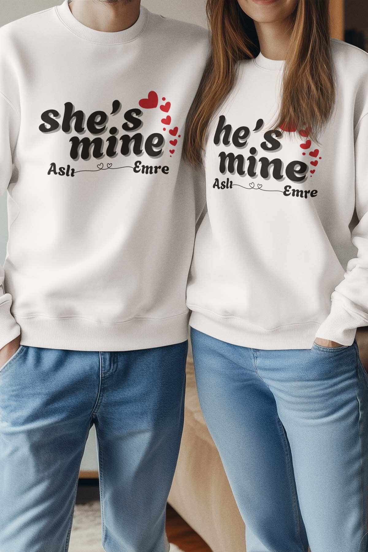 qoeuyl boutique She's He's Mine Kişiye Özel Sevgili Çift Kombin Sevgililer Günü Hediye Baskılı Sweatshirt