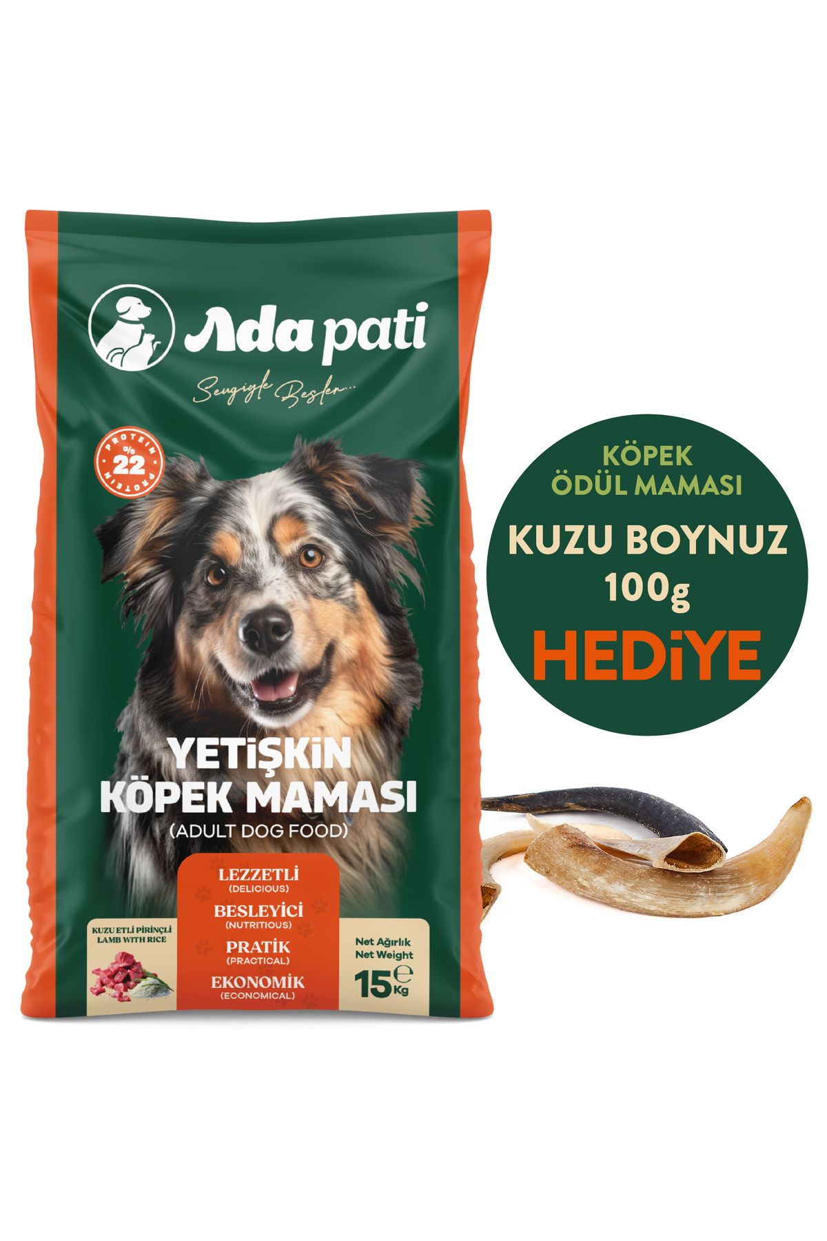 Ada Pati HEDİYELİ Köpek Maması 15 kg - Kuzu Etli Pirinçli - Kuzu Boynuz Ödül Maması HEDİYE