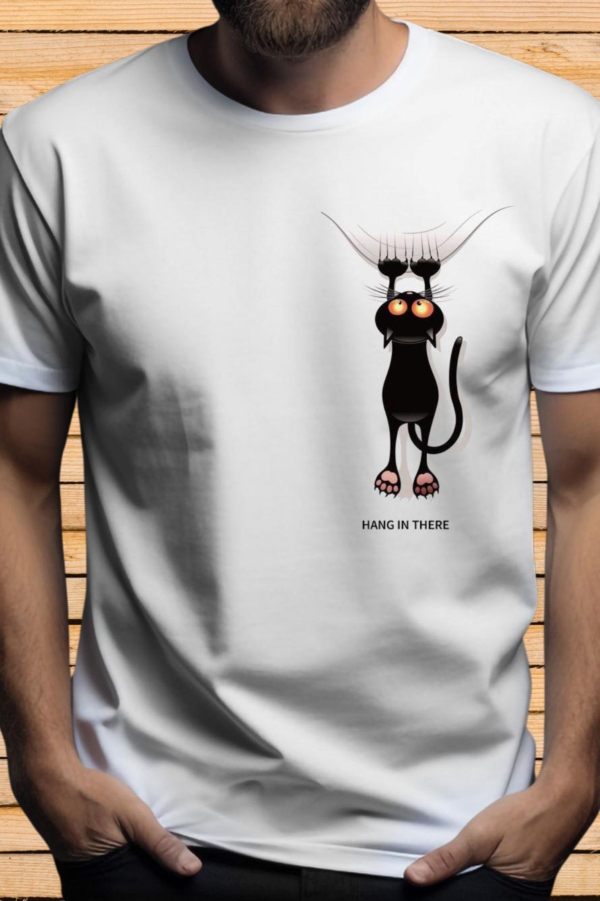 FECCY Pamuklu Sevimli Siyah Kedi Baskılı Beyaz T-shirt